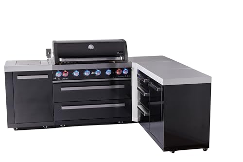 Mont Alpi 94"W x 75"D L-shaped Black Stainless Steel Modular Outdoor Kitchen Island with Infrared Side & Rear Burners + 44"W 6-Burner BBQ Gas Grill + Granite Countertops + Storage Cabinets & Drawers