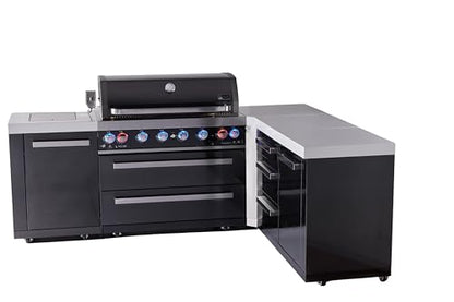 Mont Alpi 94"W x 75"D L-shaped Black Stainless Steel Modular Outdoor Kitchen Island with Infrared Side & Rear Burners + 44"W 6-Burner BBQ Gas Grill + Granite Countertops + Storage Cabinets & Drawers