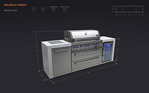 Mont Alpi Deluxe Series Stainless Steel 94"W x 23"D Modular Outdoor Kitchen Island + Side Burner + Refrigerator + 44"W 6-Burner BBQ Gas Grill + White Granite Countertops + Storage Cabinets & Drawers