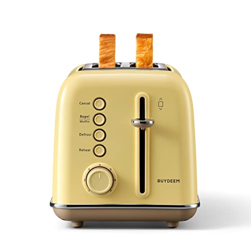 BUYDEEM DT620 2-Slice Toaster, 7 Shade Settings, Extra Wide 1.5'' Slots for Bagel & English Muffin, 6 Toasting Functions, Retro Stainless Steel Toaster with High Lift Lever, Mellow Yellow