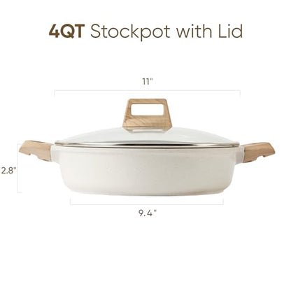 CAROTE Nonstick Stock Pot with Lid Soup Pot, 4 Quart with Lid, Casserole Super Easy to Clean Non Stick Cooking Pot Cookware PFOA Free, White Granite