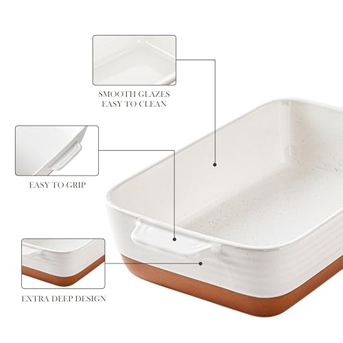 MALACASA Baking Dish 4.8 Qt Ceramic Casserole & Lasagna Pan, 9x13 Inch Deep Rectangular Oven Safe Dish with Handles for Baking, Roasting, Serving (Khaki & White) - Series Tara
