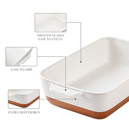 MALACASA Baking Dish 4.8 Qt Ceramic Casserole & Lasagna Pan, 9x13 Inch Deep Rectangular Oven Safe Dish with Handles for Baking, Roasting, Serving (Khaki & White) - Series Tara