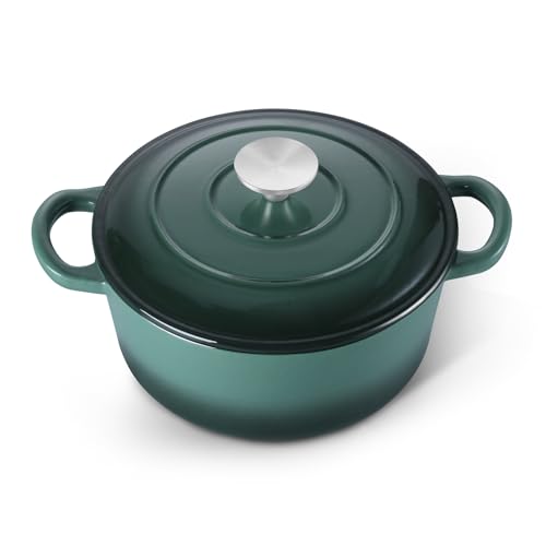 E-far 3 Qt Enameled Cast Iron Dutch Oven with Lid, Small Round Nonstick Dutch Oven Pot for Bread Baking Braising Stews Roasting Cooking, Heavy Duty, Induction & Oven Safe - Forest Green