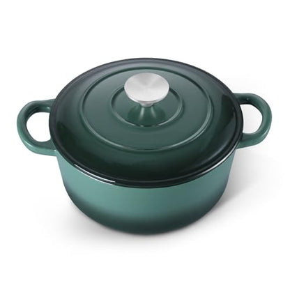 E-far 3 Qt Enameled Cast Iron Dutch Oven with Lid, Small Round Nonstick Dutch Oven Pot for Bread Baking Braising Stews Roasting Cooking, Heavy Duty, Induction & Oven Safe - Forest Green