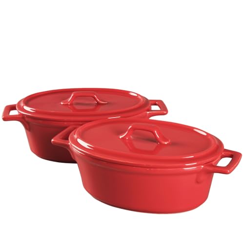 jinsongdafa Ceramic Mini Oval Cocotte Set, 10 Ounces Small Casserole Dishes with Lids and Handles, Individual Baking Ramekins, Oven, Microwave & Dishwasher Safe, Red 7.1 Inch