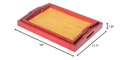 Wooden Serving Trays with Handle Set of 2 Bamboo Serving Trays Decorative Nesting Wood Platter Tabletop (Large 16x11.7x1.9 inches, Small 14x10.5x1.9 inches)