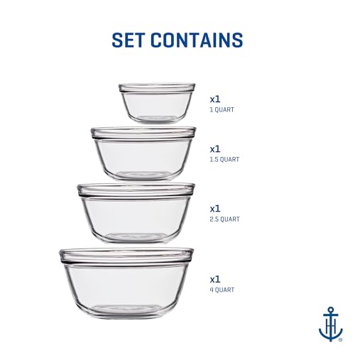 Anchor Hocking 4 Piece Glass Mixing Bowls Set – Durable, Microwave, Oven, and Dishwasher Safe – Perfect for Prep, Mixing, Serving, and Storage – Made in USA