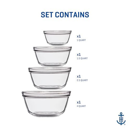 Anchor Hocking 4 Piece Glass Mixing Bowls Set – Durable, Microwave, Oven, and Dishwasher Safe – Perfect for Prep, Mixing, Serving, and Storage – Made in USA
