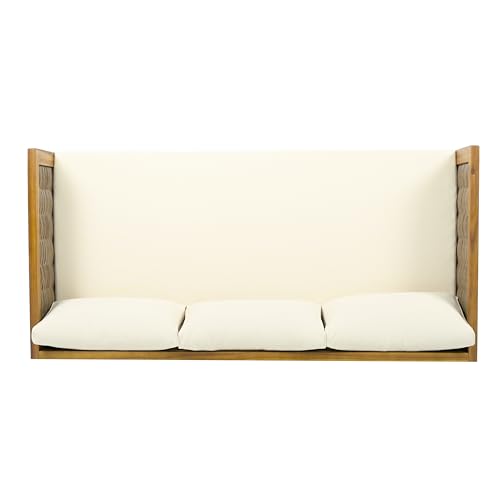 Merax Outdoor Patio 3-Seat Sofa and Round Coffee Table, Beige +Teak