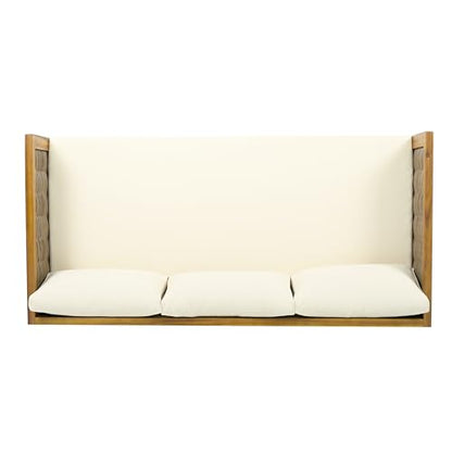 Merax Outdoor Patio 3-Seat Sofa and Round Coffee Table, Beige +Teak