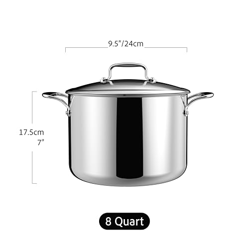 SANFELA 8 Quart Stainless Steel Stock Pot With Glass Lid, 5 Ply Stainless Clad, Induction Compatible, PTFE, PFAS and PFOA Free