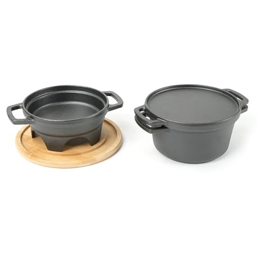 HAWOK 6 Piece Stove Set, Potable Cast Iron Charcoal Grill Stove with 1QT Dutch Oven, with Multipurpose Lid, Five-Leg Buffet Tray, Multipurpose Mini BBQ Stove Set