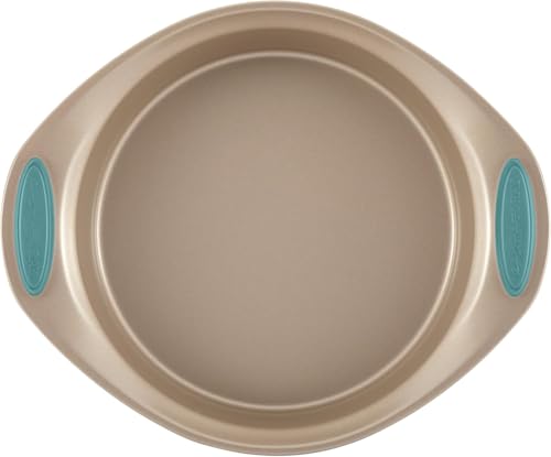 Rachael Ray Cucina Bakeware Set Includes Nonstick Bread Baking Cookie Sheet and Cake Pans, 5 Piece, Latte Brown with Agave Blue Grips