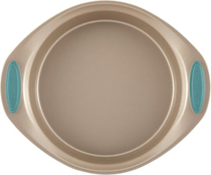 Rachael Ray Cucina Bakeware Set Includes Nonstick Bread Baking Cookie Sheet and Cake Pans, 5 Piece, Latte Brown with Agave Blue Grips