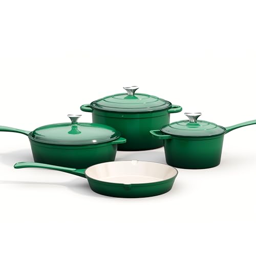 MAISON ARTS 7 Piece Enameled Cast Iron Cookware Set, Induction Dutch Oven Pot with Lid, Emerald Non Toxic Pots and Pans set, PFOA-PFOS Free