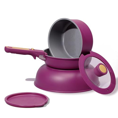 CAROTE Ceramic Pots and Pans Set, Nonstick Cookware Set Detachable Handle, 6pcs Induction Kitchen Cookware Sets Non Stick with Removable Handle, RV Cookware Set, Oven Safe, Purple