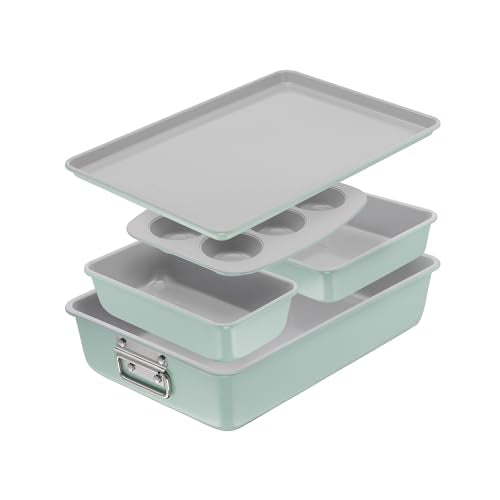 T-fal Refresh Ceramic Nonstick Baking Pans Set (5 Pieces), Roaster, 6-Cup for Muffins, Loaf, Square Baking Sheets Non Stick, Stackable Bakeware Sets, Mint Green