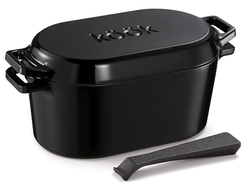 KooK Dutch Oven, for Bread Baking, Sourdough Loaf Pan, with Lid, Dual Handles, Enameled Cast Iron, includes Lid Lever, Dishwasher Safe, Oven safe 500F, 3.4 Qt, Black