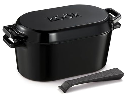 KooK Dutch Oven, for Bread Baking, Sourdough Loaf Pan, with Lid, Dual Handles, Enameled Cast Iron, includes Lid Lever, Dishwasher Safe, Oven safe 500F, 3.4 Qt, Black