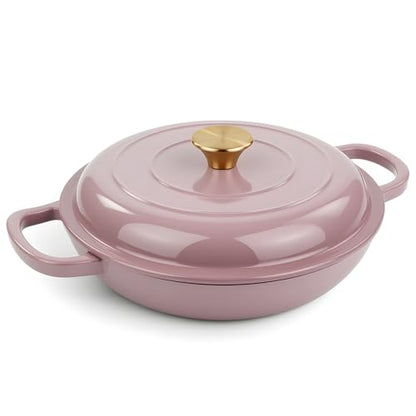 Vintage Style 3 Quart Enameled Cast Iron Braiser, Non Stick Enameled Cast Iron Skillet with Lid, Dutch Oven Skillet with lid up to 500°F for Oven, Stove, Grill, Shallow Dutch Oven for Cook, Bake (Pink)
