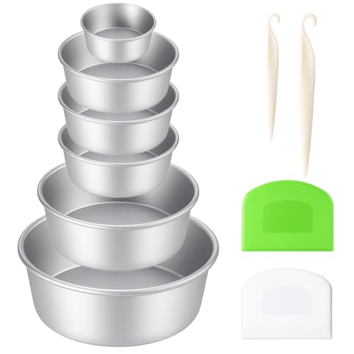 Mity rain 6 Pcs Round Cake Pan, Nonstick Aluminum Baking Pans Set of 2, 4, 6, 8 Inch Leakproof Circle Springform Pan with Removable Bottom Scrapers Demolding Knives for Cheese Pizza Home Party