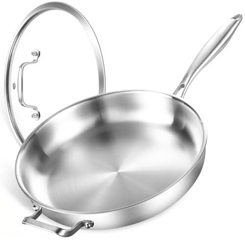DELARLO Stainless Steel Pan 14-Inch, Large Frying Pan with Lid, Heavy Duty, Compatible with Induction, Gas and Electric up to 650℉, Fast & Even Heating, Dishwasher, Oven Safe Skillet, PTFE & PFOA Free