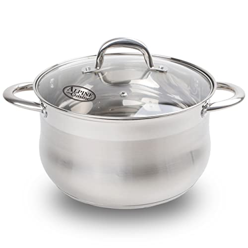 Alpine Cuisine 2-Quart Stainless Steel Dutch Oven with Tempered Glass Lid, Belly Shape, Heavy Duty & Dishwasher Safe