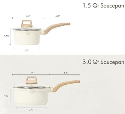 CAROTE 1.5Qt & 3.0Qt Sauce Pan Sets with Lid Cooking Pots Nonstick Saucepans Cookware Set with Pour Spout Small Kitchen Pot, Induction Comptable, Easy to Clean, PFOA FREE (White Granite)