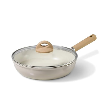 CAROTE 10" Ceramic Frying Pan with Lid, Non Stick Frying Pan Skillet Chef's Pan, Healthy & PFOA/PFAS Free, Induction-Compatible, Taupe