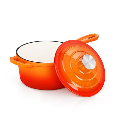 E-far Enameled Cast Iron Sauce Pan with Lid, 1 Quart Dutch Oven Saucepan, Mini Sauce Pot for Cooking, Boiling, Healthy & Non Toxic, Induction & Oven Safe, Orange