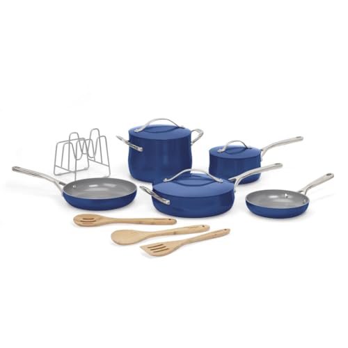 Cuisinart Ceramic Cookware Set, Nonstick 12-Piece Pots and Pans Set for Even Heat Cooking, Dishwasher Safe, Stainless Steel Handles & Easy Cleanup, Sapphire, 34C-12SP