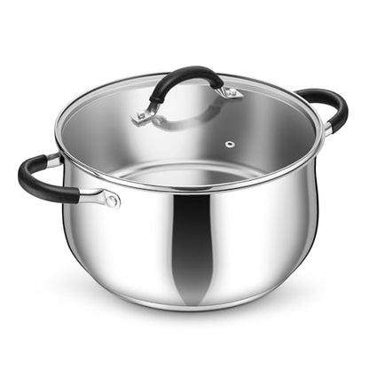 P&P CHEF Stainless Steel Stock Pot, 8 Qt Cooking Soup Pot with Visible Lid for Pasta, Tri-Ply Bottom & Dual Heatproof Handles, For Induction Gas All Stoves, Non-Toxic & Dishwasher Safe