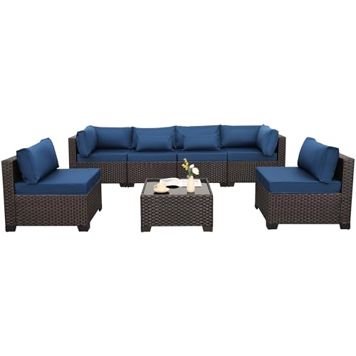 Rattaner Outdoor Sectional Sofa Set 7 Pieces Wicker Patio Furniture Couch Glass Table with Non-Slip Cushions Furniture Cover, Navy Blue