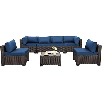 Rattaner Outdoor Sectional Sofa Set 7 Pieces Wicker Patio Furniture Couch Glass Table with Non-Slip Cushions Furniture Cover, Navy Blue