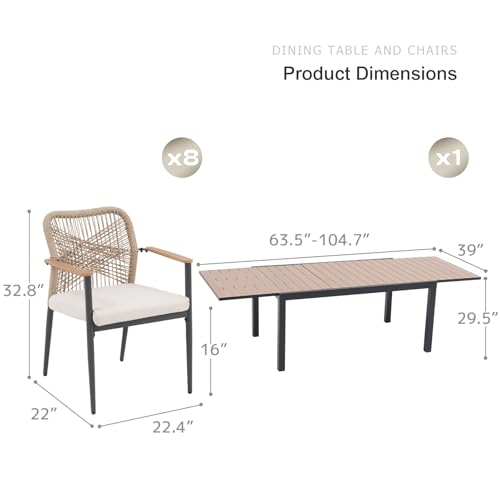 SUNSITT 9 Piece Outdoor Patio Dining Set, 63" - 105" Aluminum Expandable Outdoor Dining Table w/Thermal Transfer Wood Grain Tabletop, 8 Woven Wicker Patio Chairs w/WPC Armrests for Garden