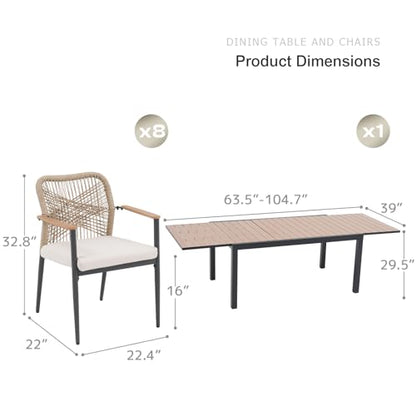 SUNSITT 9 Piece Outdoor Patio Dining Set, 63" - 105" Aluminum Expandable Outdoor Dining Table w/Thermal Transfer Wood Grain Tabletop, 8 Woven Wicker Patio Chairs w/WPC Armrests for Garden