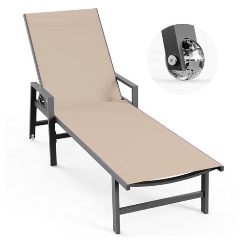 Vexwalx Patio Chaise Lounge Chair Outdoor with Wheels&Armrests, Aluminum Pool Lounge Chairs 5-Position Adjustable Recliner, Outdoor Beach Lounge Chairs for Outside, Patio, Deck, Yard, Khaki