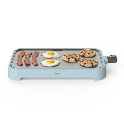 Martha Stewart 12” x 22” Electric Griddle, XL Ceramic Nonstick Flat Top Cooking Surface, Adjustable Temperature Dial, Drip Tray, Dishwasher Safe, 1500W Fast Even Heating, Pancakes & Eggs, Sky Blue