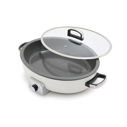 GreenPan Elite 5.5QT Electric Oval Skillet, PFAS-Free Ceramic Nonstick, 1800 Watt, Dishwasher Safe Lid & Removable Crock, Adjustable Temp Control Multi-Cooker, Sear, Sauté, Rice, Stir-Fry, Cream White