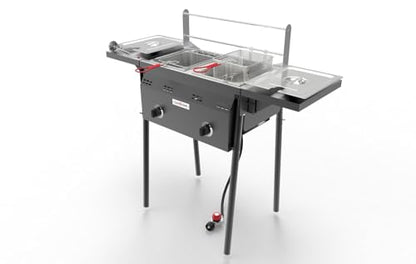 GasOne B-5850A Outdoor Propane Deep Fryer - Double Burners, 16 Qt Removable Baskets & Lids, Oil Fryer Cart with Thermometer & Regulator - Perfect for Outdoor Cooking