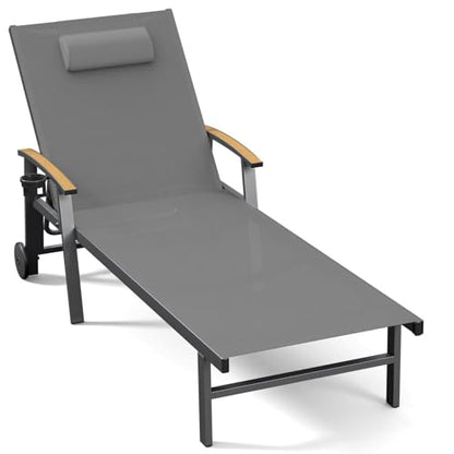 Ciokea Outdoor Lounge Chair with Pillow, 5-Position Aluminum Chaise Lounge with Wheels & Armrests, 400 lbs Heavy Duty Patio Pool Chair for Deck, Backyard, Beach & Poolside, Grey
