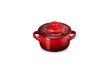 Le Creuset Stoneware Holly Collection Mini Round Cocotte, 8 oz., Cerise with Gold Applique