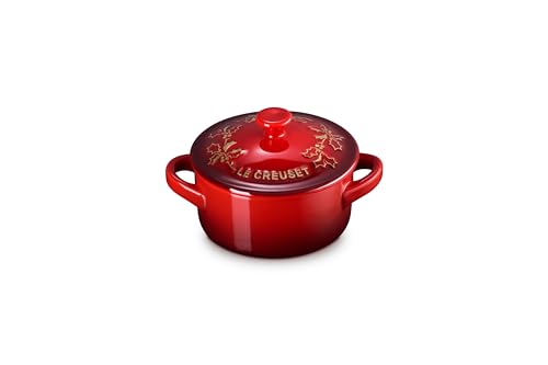 Le Creuset Stoneware Holly Collection Mini Round Cocotte, 8 oz., Cerise with Gold Applique