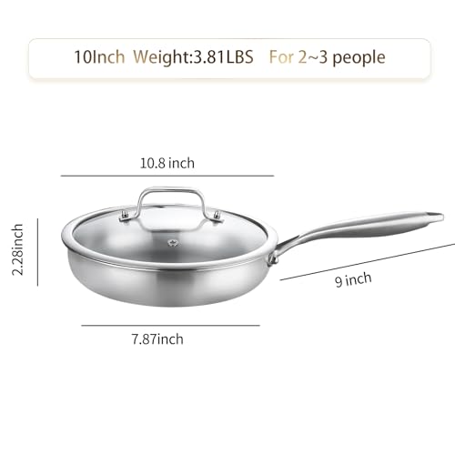DELARLO Tri-Ply Stainless Steel Pan, 18/10 Frying Pan, Oven Safe Up to 600°F, Nontoxic Cookware, Compatible with All Cooktops Skillet, Durable, Fast Even Heat Fry Pan,9" Pan with Lid