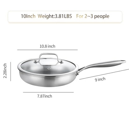 DELARLO Tri-Ply Stainless Steel Pan, 18/10 Frying Pan, Oven Safe Up to 600°F, Nontoxic Cookware, Compatible with All Cooktops Skillet, Durable, Fast Even Heat Fry Pan,9" Pan with Lid