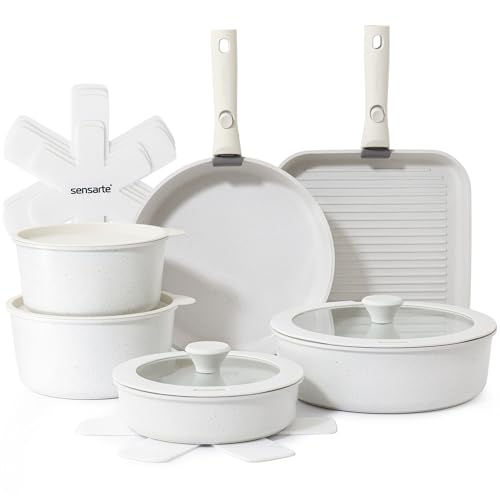 SENSARTE 17 Piece Pots and Pans Set, Nonstick Detachable Handle Cookware Set, Induction Kitchen Cookware Set with Removable Handle, Healthy Non Stick for RV, Dishwasher ＆ Oven Safe, PFOA Free (White)