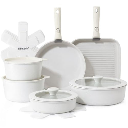 SENSARTE 17 Piece Pots and Pans Set, Nonstick Detachable Handle Cookware Set, Induction Kitchen Cookware Set with Removable Handle, Healthy Non Stick for RV, Dishwasher ＆ Oven Safe, PFOA Free (White)