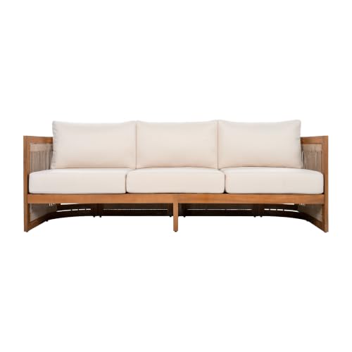 Christopher Knight Home Nylan 7-Seater Patio Furniture Set with Removable Cushion, 5 Piece Outdoor Acacia Wood Conversation Set, Solid Wood Outdoor Sectional Sofa Set with Coffee Table, Teak+Beige