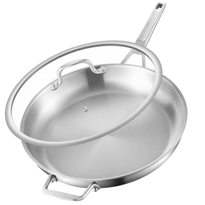 Yeksum Stainless Steel Pan,14 inch Frying Pan, Heavy Duty, Large Frying Pan, Fast & Even Heating, Up to 650°, Oven & Dishwasher Safe,Compatible with All Cooktops